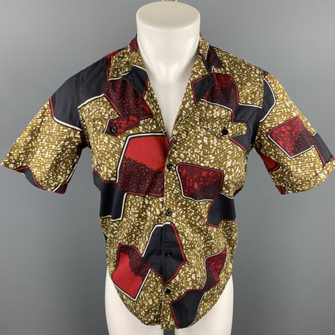 BURBERRY PRORSUM Spring 2012 Size S Olive & Red Print Cotton Button Up Short Sleeve Shirt
