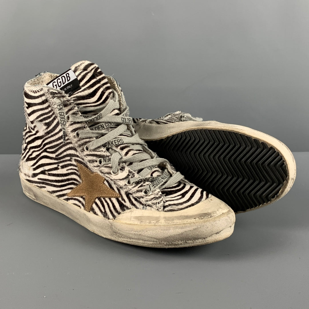 GOLDEN GOOSE Size 11 Beige Brown Zebra High Top Sneakers