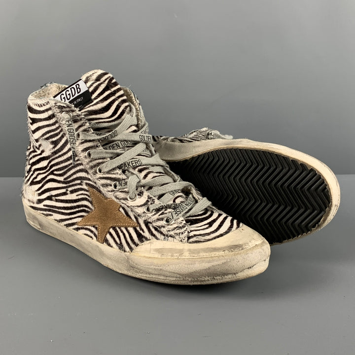 GOLDEN GOOSE Size 11 Beige Brown Zebra High Top Sneakers