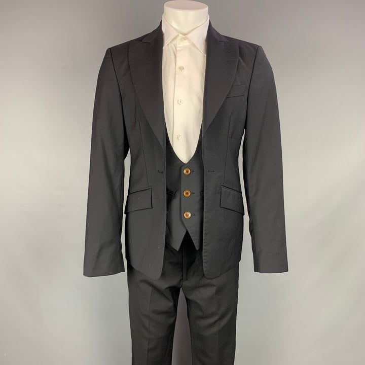 VIVIENNE WESTWOOD MAN Size 38 Navy Wool Peak Lapel Simulated Vest Layer Suit
