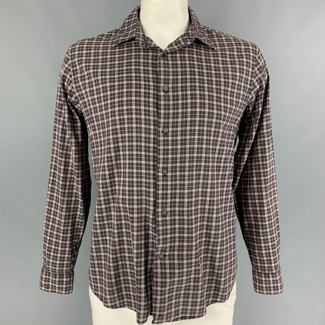 JOHN VARVATOS Camisa Manga Larga Algodón Cuadros Rojo Negro Talla L