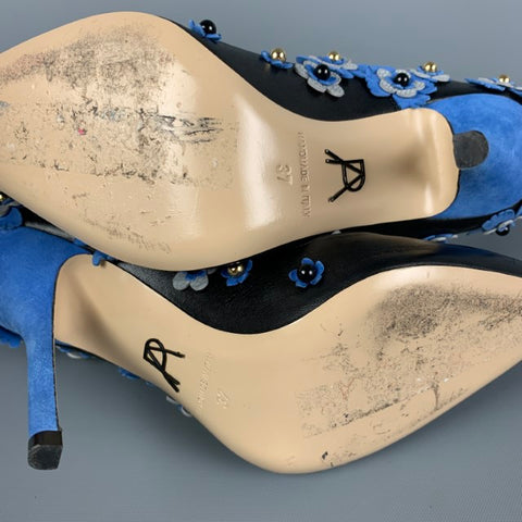PAUL ANDREW Size 7 Black Blue Leather Floral Applique Pumps