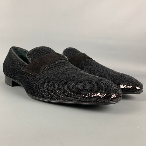 PAUL STUART Size 10.5 Black Sequined Suede Evening Loafers