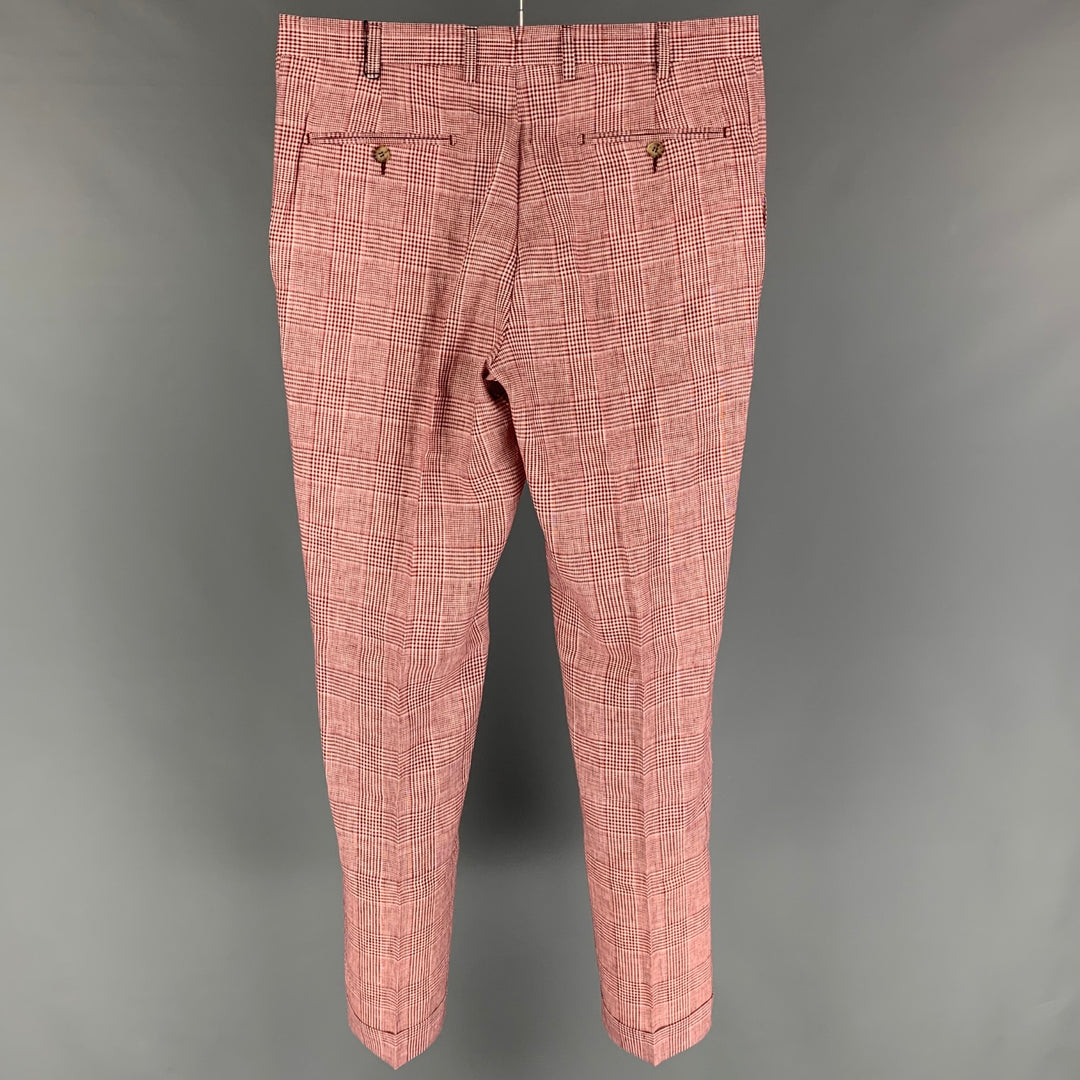 SUIT SUPPLY Talla 34 Pantalones casuales de frente plano de poliéster Glenplaid rojo blanco