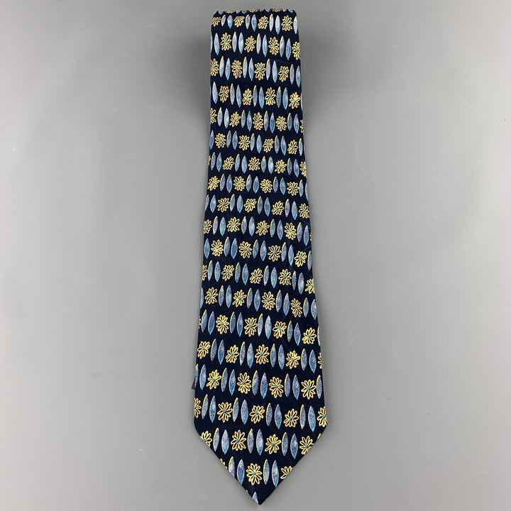 BRIONI Navy Blue & Yellow Flower Print Silk Tie