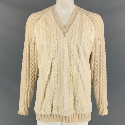 BURBERRY PRORSUM Fall Winter 2011 Size XL Cream Cable Knit Wool / Cashmere V-Neck Sweater