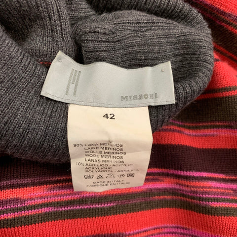 M MISSONI Size 6 Grey & Red Merino Color Block Wool / Acrylic Turtleneck Pullover