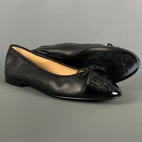 CHANEL Size 11 Black Leather Cap Toe Flats