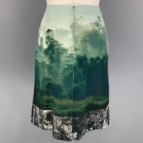 DRIES VAN NOTEN Size 6 Green & Blue Tapestry Cotton A-Line Knee-Length Skirt