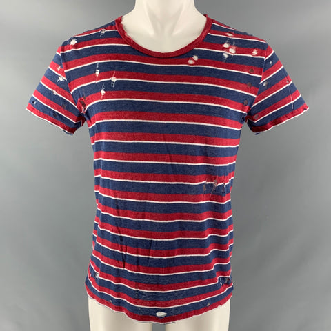 IRO Size S Blue, Red & White Stripe Linen Crew-Neck T-shirt