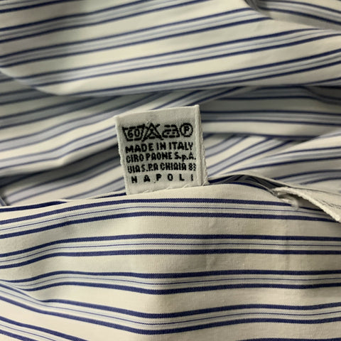 KITON Size XL White & Navy Stripe Cotton Button Down Long Sleeve Shirt