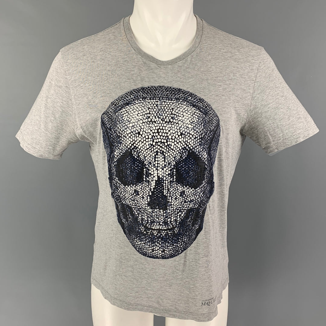 ALEXANDER MCQUEEN Size S Grey Navy Skull Cotton Crew-Neck T-shirt