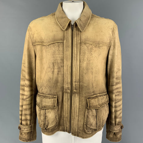 POLO by RALPH LAUREN Size XXL Tan Distressed Leather Zip Up Jacket