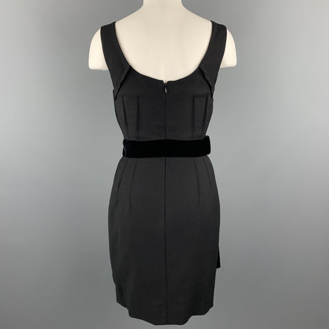 DOLCE &amp; GABBANA Taille 4 Robe droite en laine vierge noire sans manches avec nœud en velours