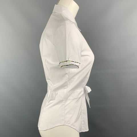LOVE MOSCHINO Size 6 White Cotton / Elastane Buttoned Tie-belt Beads Blouse
