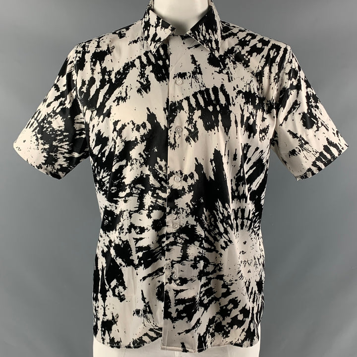 SSS WORLD CORP. Size XL White &  Black Print Polyester Camp Short Sleeve Shirt