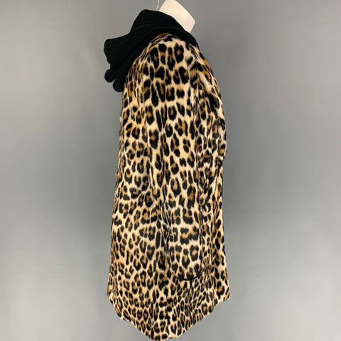 ALICE + OLIVIA Taille XS Manteau à capuche en coton acrylique imprimé animal beige noir