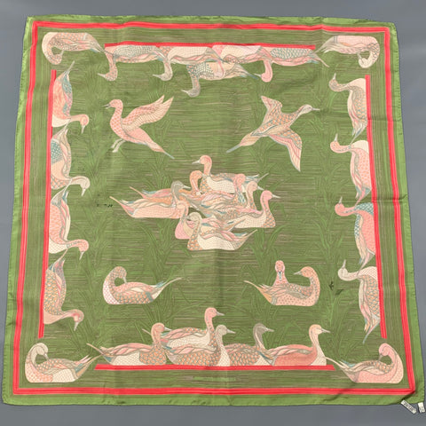 HERMES LA MARE AUX CANARDS Green Pink Print Silk Scarf