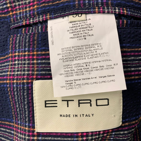 ETRO Size 40 Navy Multi-Color Plaid Cotton Elastane Sport Coat