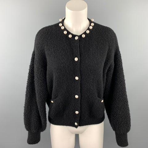CHANEL Talla 6 Cárdigan de mezcla de cachemir texturizado de punto negro