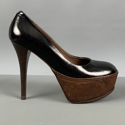 MARNI Size 5.5 Black Brown Two Tone Patent Leather Platform Pumps