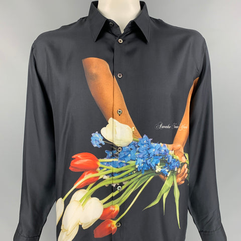 AWAKE Size XL Black Print Silk Button Up Long Sleeve Shirt