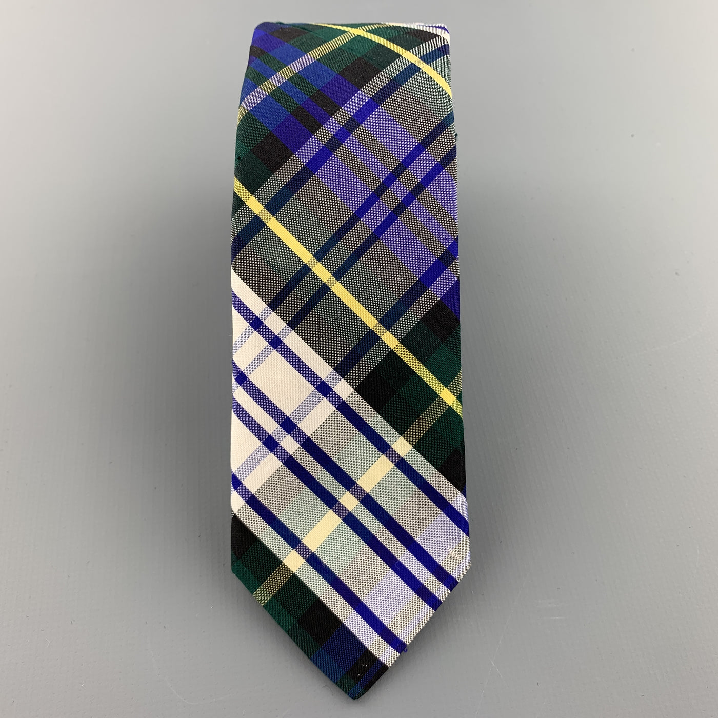BARNEY'S CO-OP Blue White Yellow & Green Plaid Silk Skinny Tie