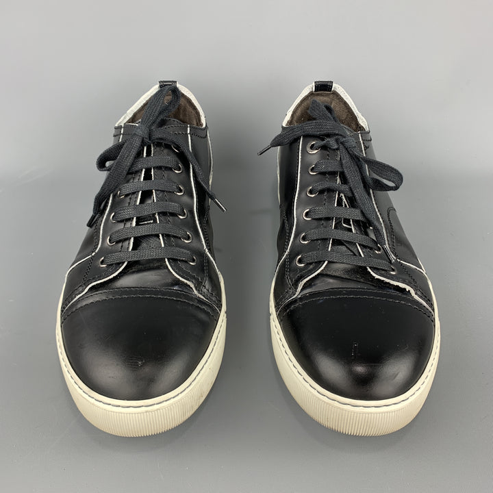 LANVIN Talla US 11 / UK 10 Zapatillas de deporte con puntera y cordones de cuero liso negro