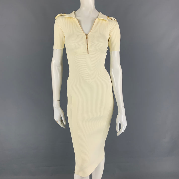 AZ FACTORY Size S Cream Viscose Ribbed Short Sleeve Dress