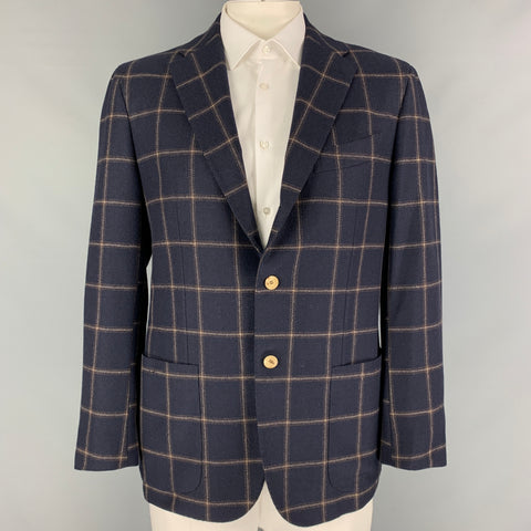 KITON Size 44 Navy Taupe Window Pane Cashmere Notch Lapel Sport Coat