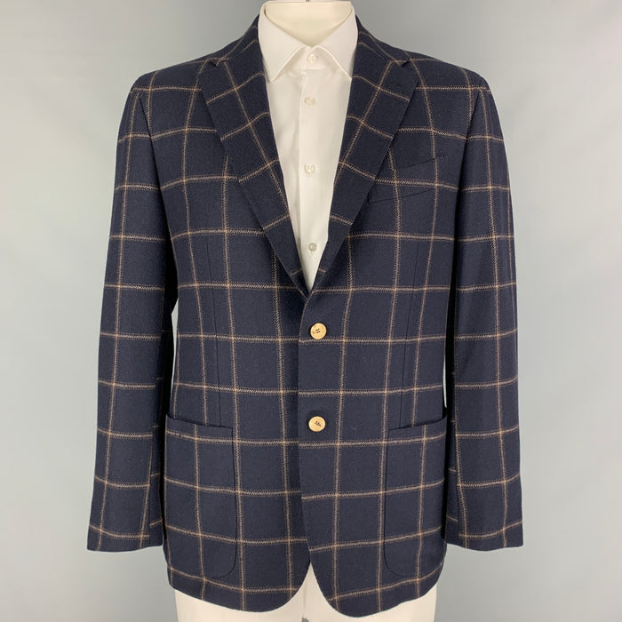 KITON Size 44 Navy Taupe Window Pane Cashmere Notch Lapel Sport Coat