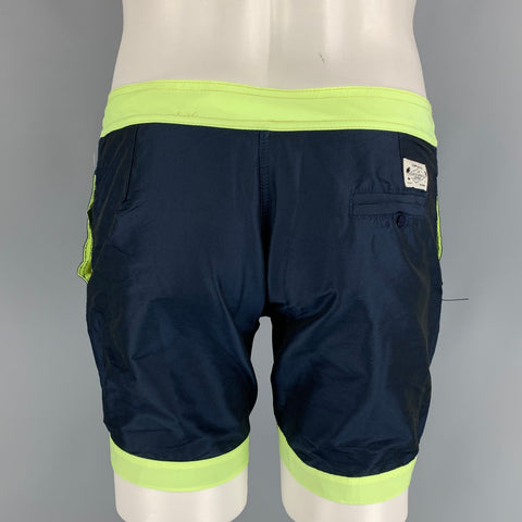 CUISSE DE GRENOUILLE Size M Navy & Neon Two Toned Polyester Swim Trunks
