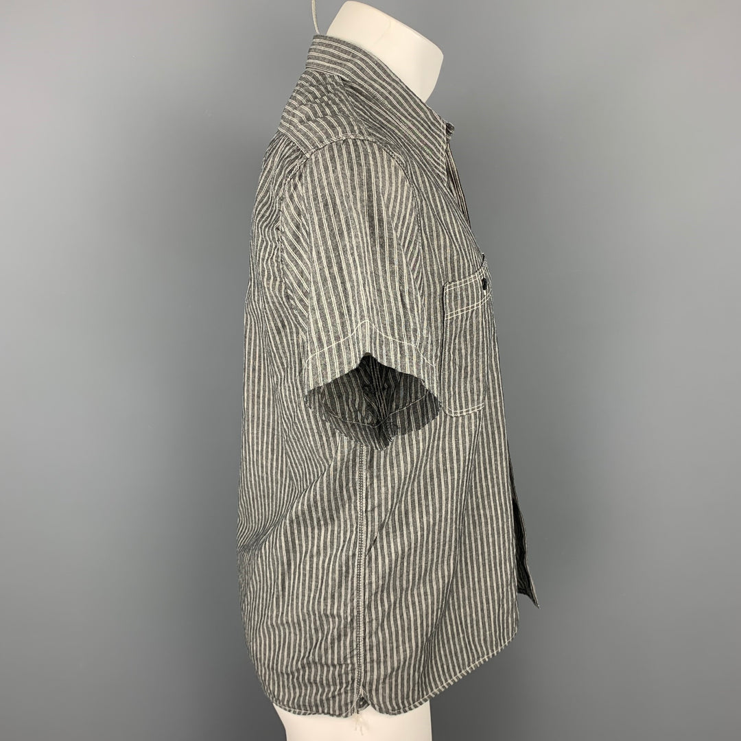 BELAFONTE Size L Dark Gray Stripe Cotton / Linen Short Sleeve Shirt