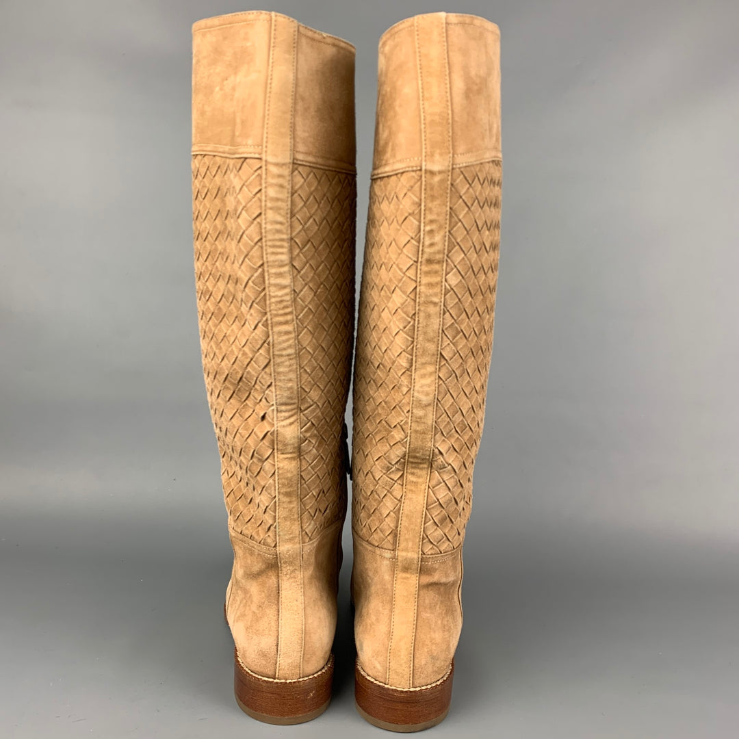 BOTTEGA VENETA Size 7 Beige Suede Woven Knee High Boots