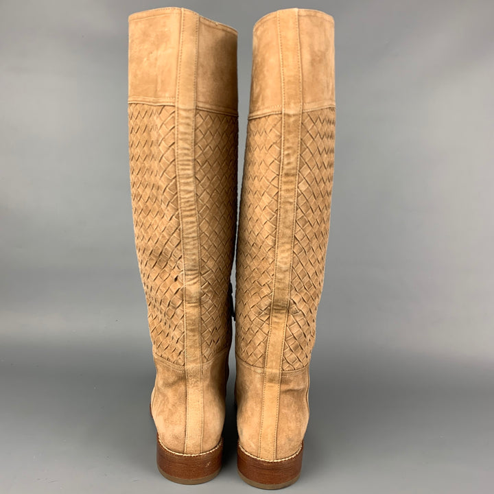 BOTTEGA VENETA Size 7 Beige Suede Woven Knee High Boots