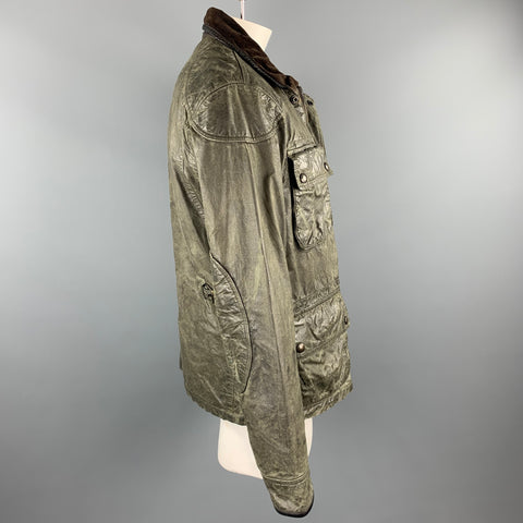 RALPH LAUREN Size L Moss Green Distressed Coated Cotton Zip & Snaps Jacket