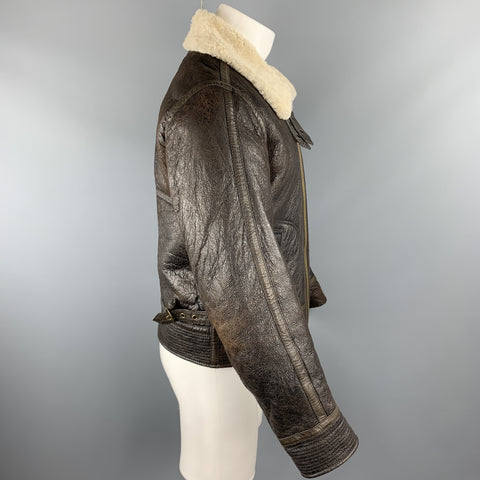 VINCE Chaqueta de piel de oveja con cremallera completa marrón talla S