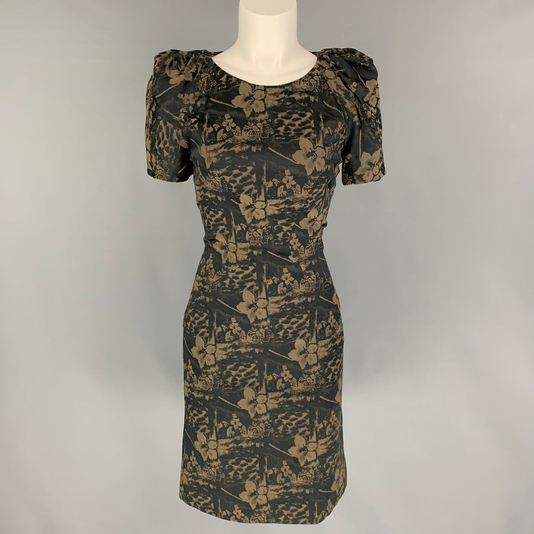 ZAC POSEN Size S Olive Black Floral Short Sleeve Dress