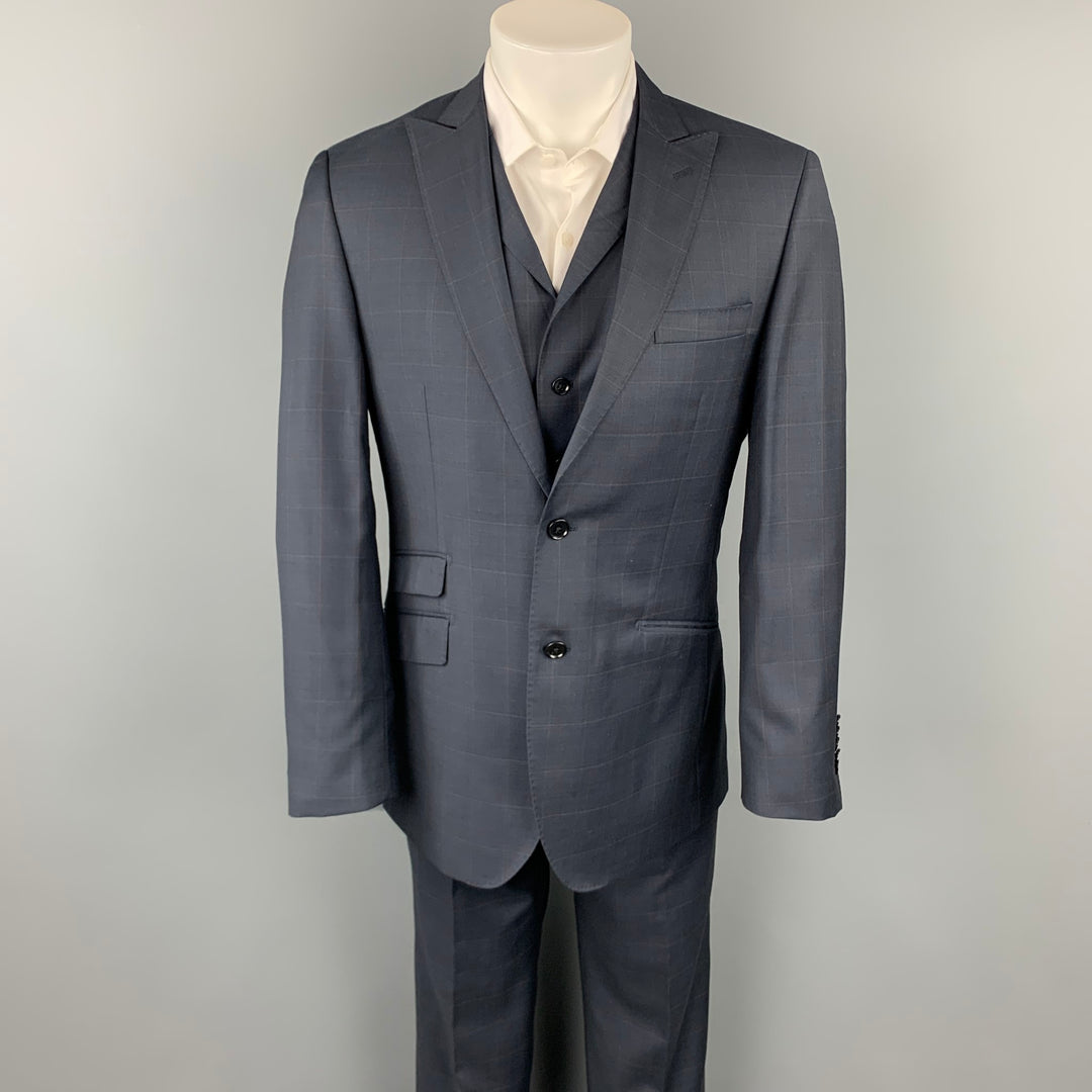 ENGLISH LAUNDRY Arrogant Size 40 Navy Plaid Lana Wool Peak Lapel 3 Piece Suit