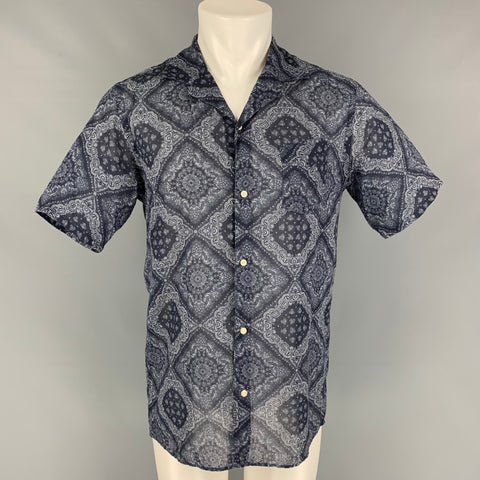 OFFICINE GENERALE Size M Navy White Handkerchief Cotton Short Sleeve Shirt