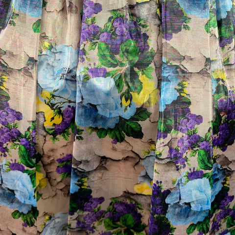 MSGM Size 6 Gold & Purple Floral Polyamide Elastic Waistband A-Line Skirt