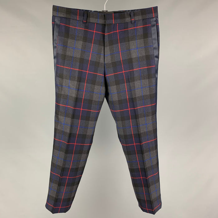 ETRO Size 34 Black Multi-Color Plaid Wool Blend Tuxedo Dress Pants