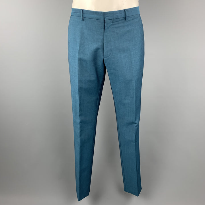 BURBERRY LONDON Size 42 Teal Sharkskin Wool / Mohair Notch Lapel Pants Suit