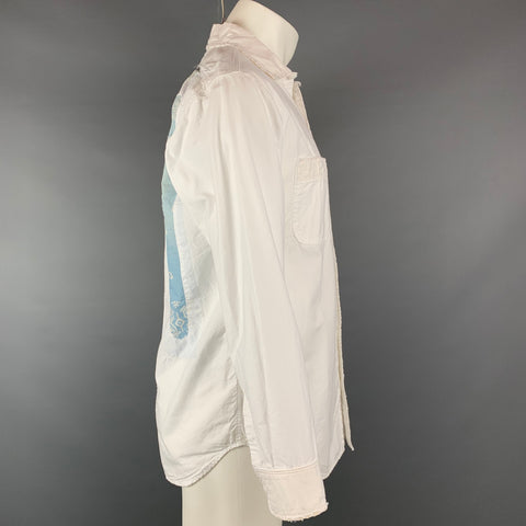 KAPITAL Size M White & Blue Patchwork Cotton / Linen Button Down Long Sleeve Shirt