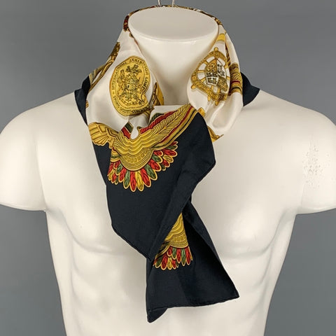 HERMES Gold White Blue Silk Twill Scarf