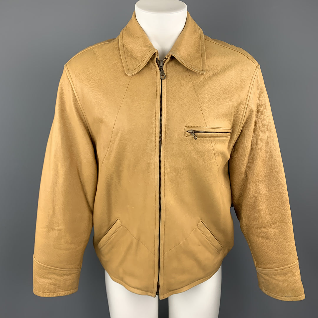 I.MAGNIN Size S Khaki Textured Leather Zip Up Collared Jacket