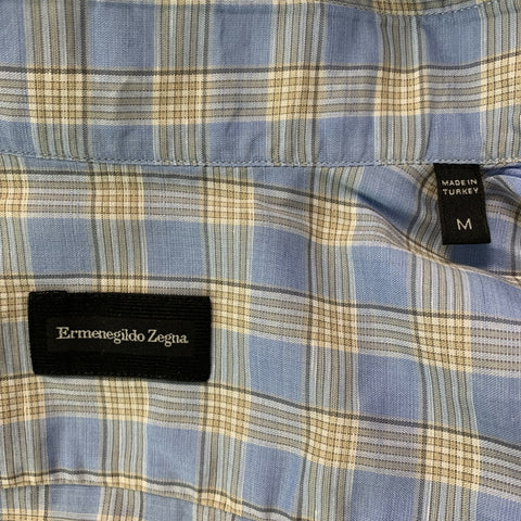 ERMENEGILDO ZEGNA Size M Blue &  Beige Checkered Cotton and Linen Long Sleeve Shirt