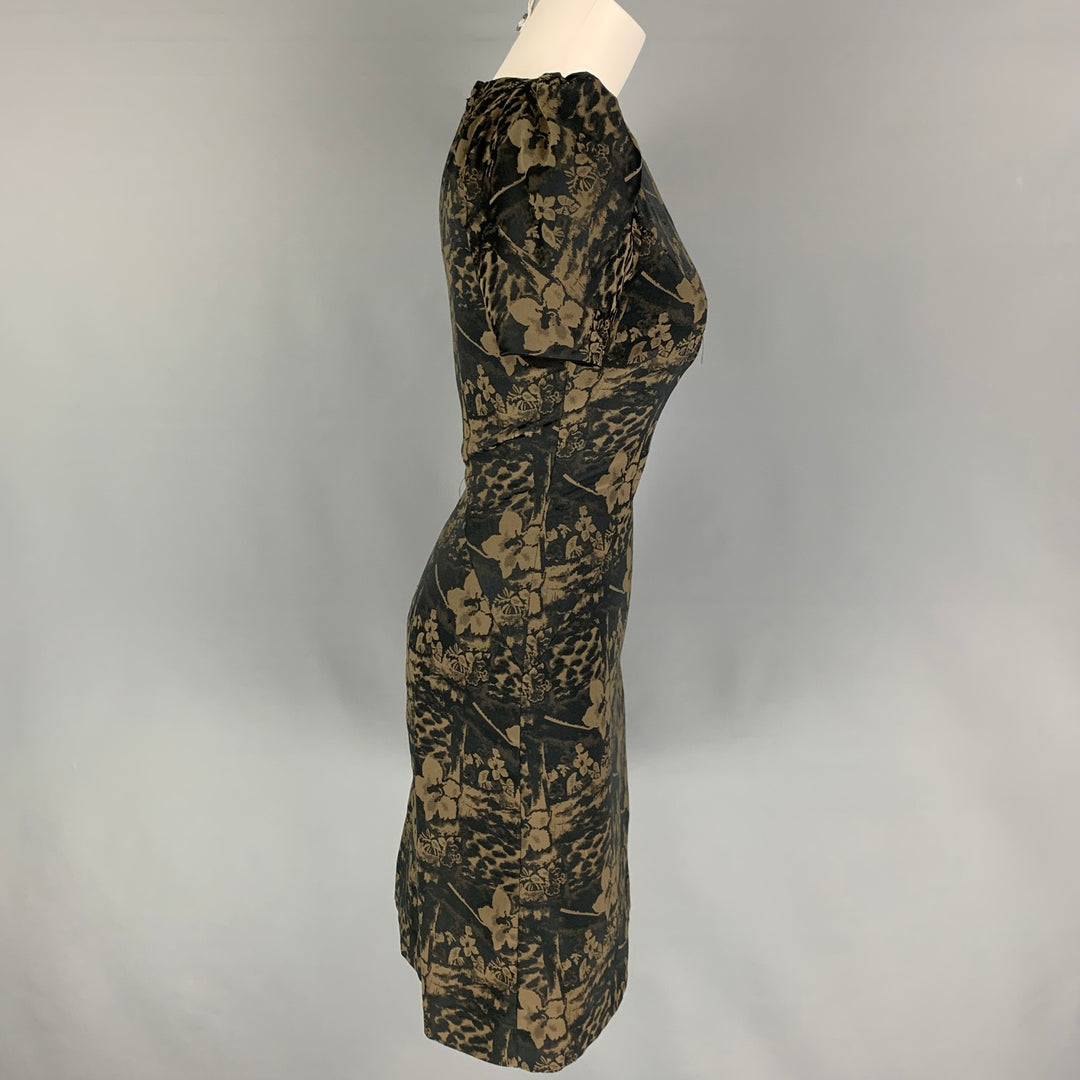 ZAC POSEN Size S Olive Black Floral Short Sleeve Dress