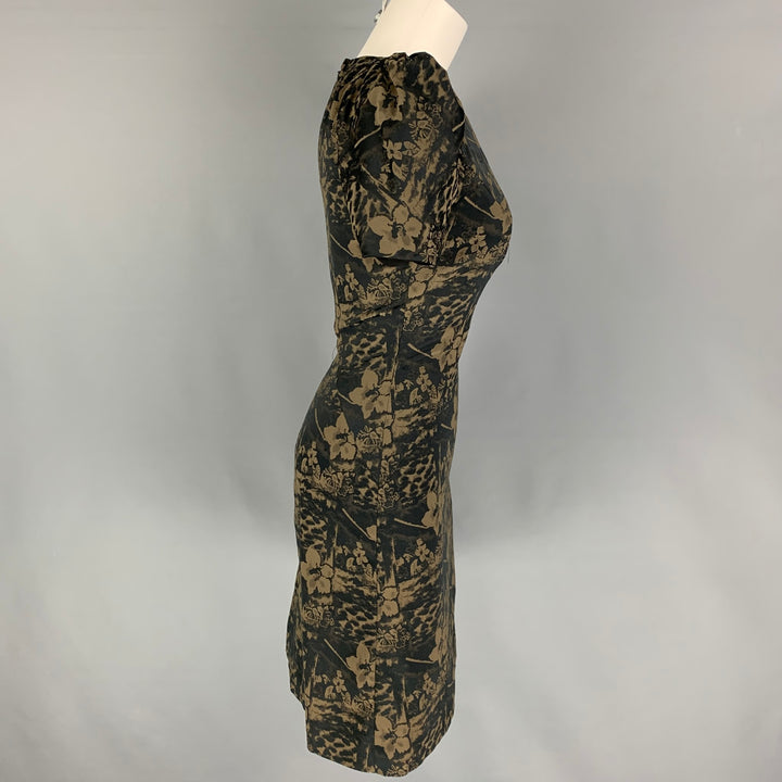 ZAC POSEN Size S Olive Black Floral Short Sleeve Dress