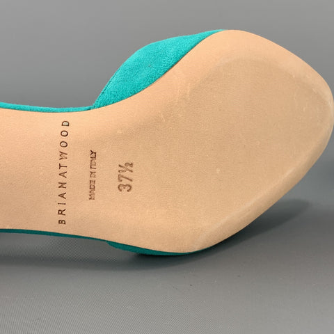 BRIAN ATWOOD 7.5 Sandalias TRIXIE de ante turquesa con tacón arcoíris y punta abierta